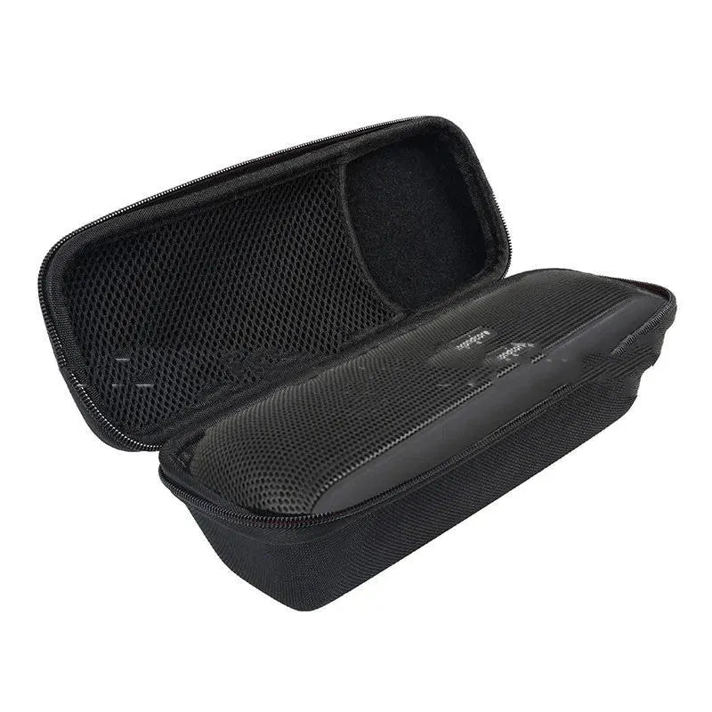 Black EVA Bluetooth speaker storage case with climbing carabiner, grey inner lining, size 280x100x90mm