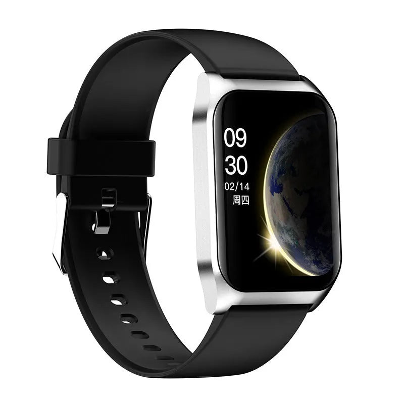 Black smart watch with 1.69-inch screen showing heart rate display on silicone wrist strap