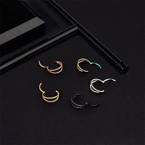 G23 titanium alloy nose ring with diamond finish in gold or steel colour, showing labret post design.