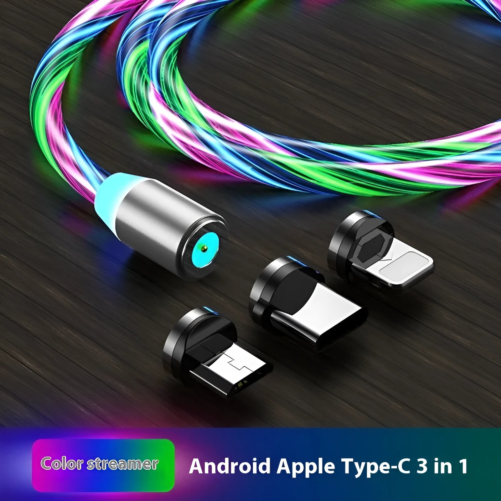 Magnetic streamer data cable Type-C three-in-one charge cable with TPE jacket in 1m length colourful colour