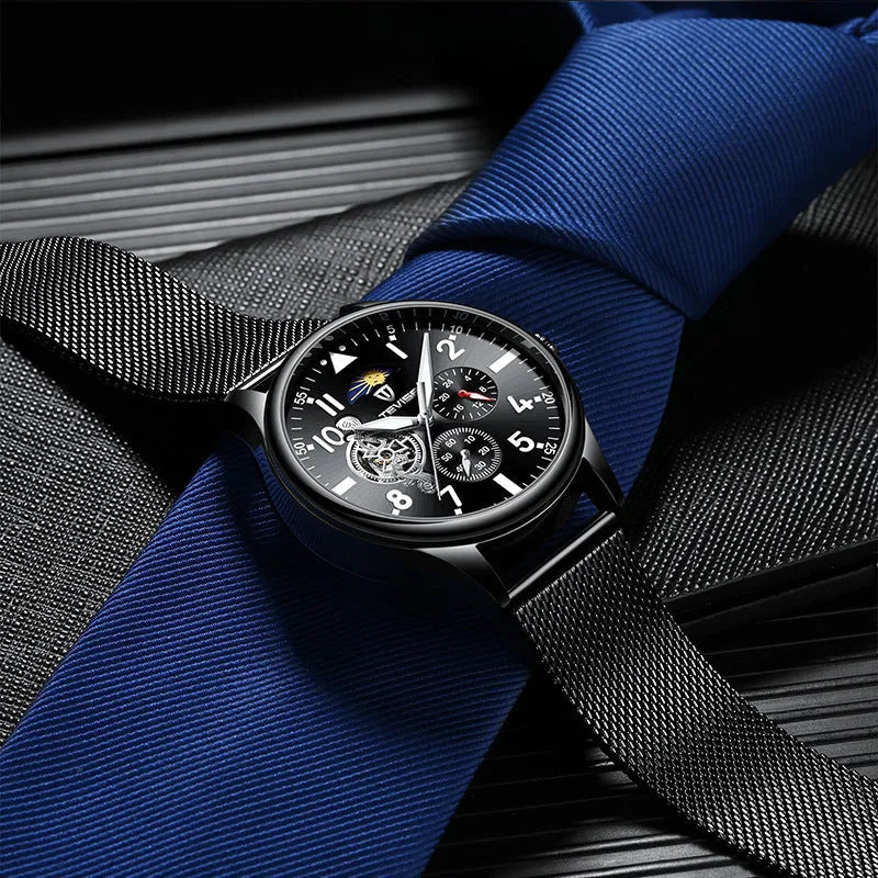 Black men's mechanical watch with luminous hands, moon phase display on a 41mm alloy case.