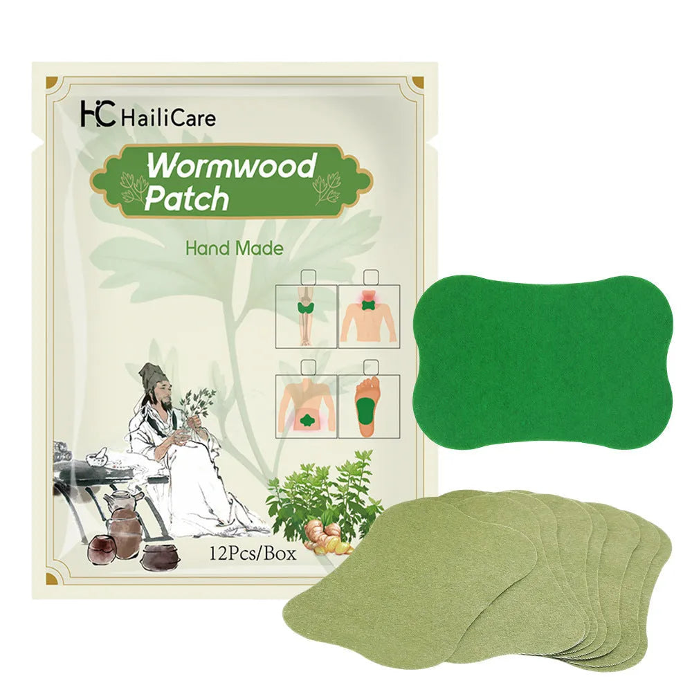 Chinese mugwort herbal patch collection showing knee, lumbar, cervical and foot patches with traditional herbal ingredients