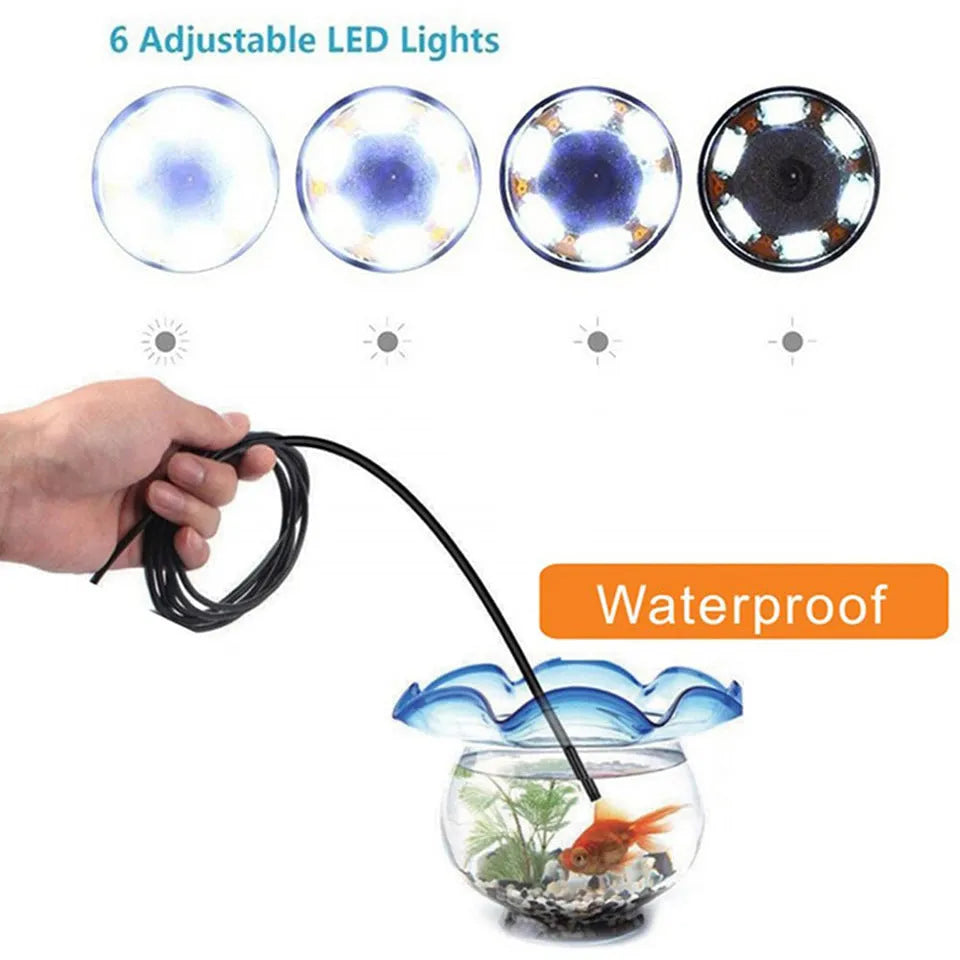 USB-C Android phone endoscope with flexible cable, IP67 waterproof camera probe, and side mirror, hook, and magnet attachments.