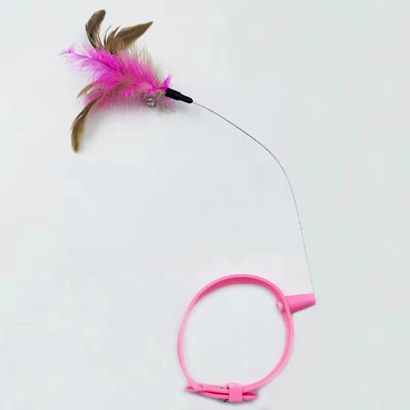 Adjustable cat collar toy with silicone teaser wand and feather charm attached