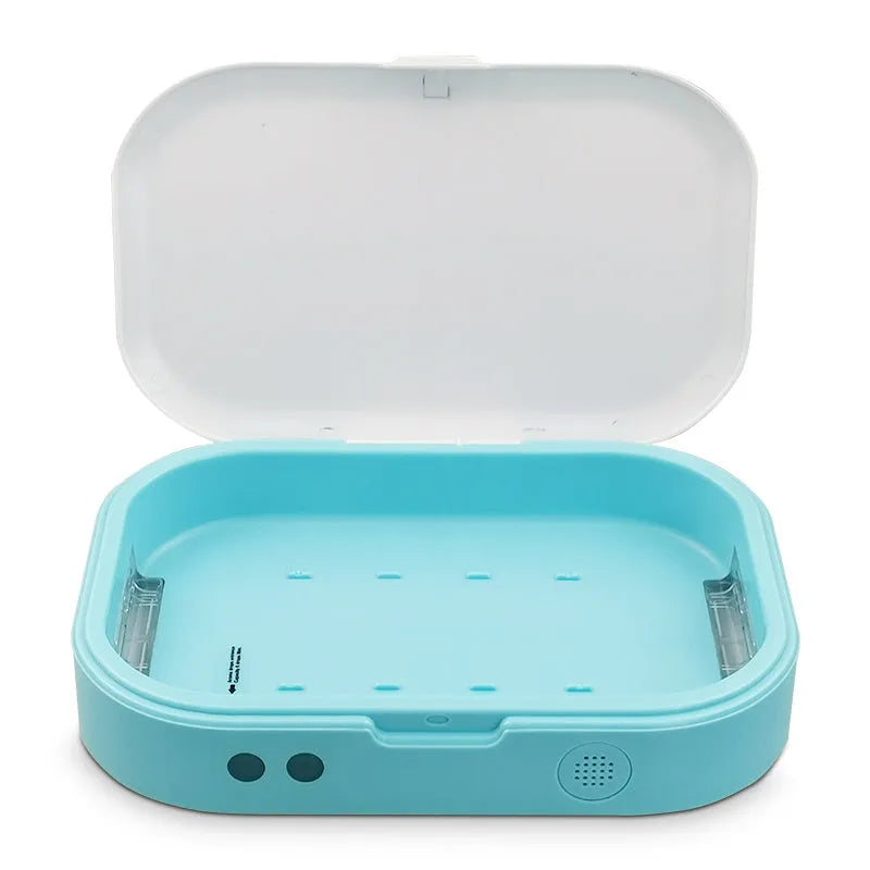 Blue UV steriliser box for mobile phones and small objects, with dual UV lamps and aromatherapy function