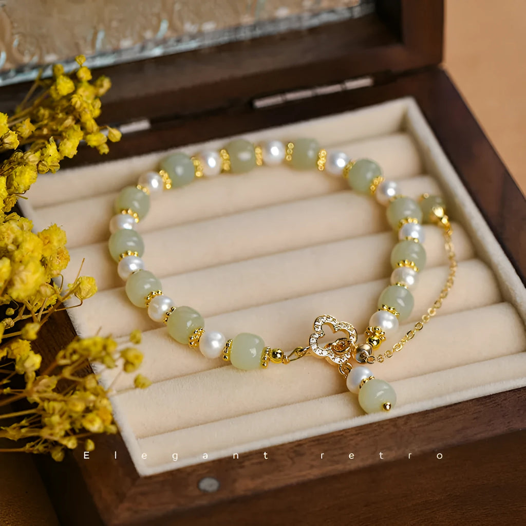 Women's Hetian jade bracelet with gold electroplated chain and pendant in Chinese style