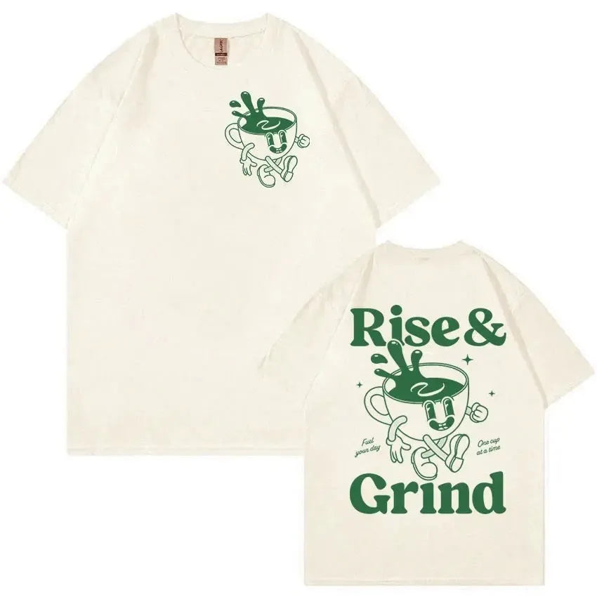 Man wearing a loose grey linen t-shirt with a Rise and Grind Green Coffee cartoon print design.
