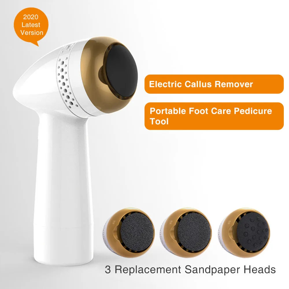 Electric vacuum foot grinder with natural quartz grinding head in gold colour.