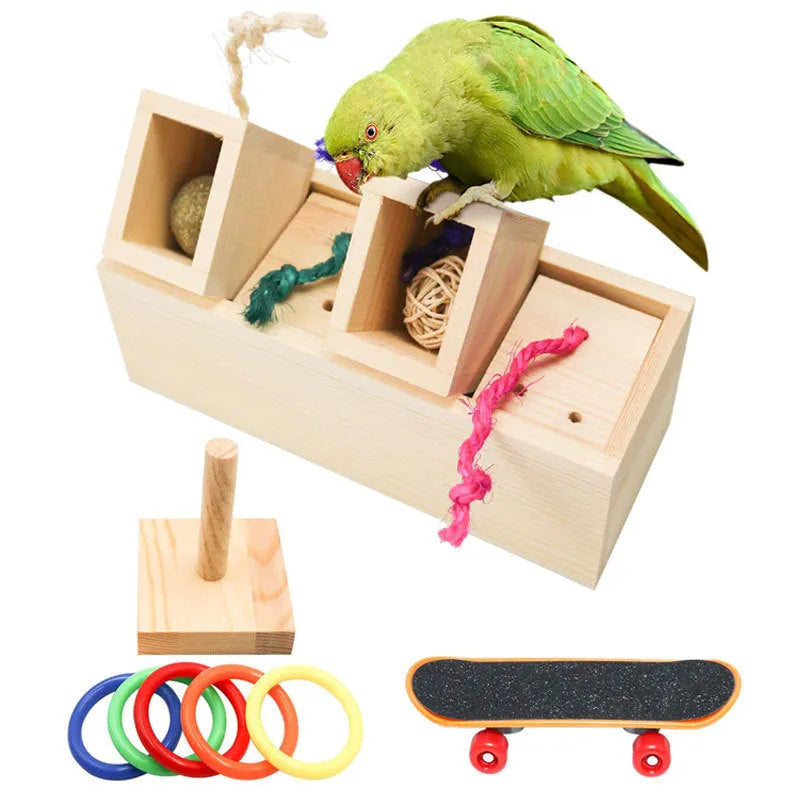 Wooden parrot foraging puzzle toy set with multiple pieces for bird training