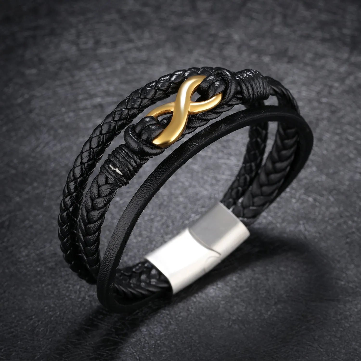 Black vintage leather bracelet with titanium steel clasp on display, 20cm length