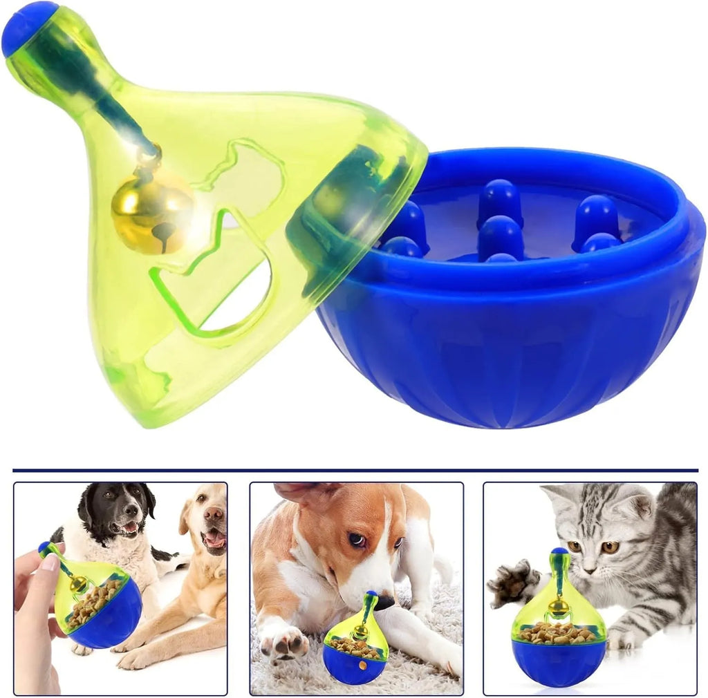 Tumbler-shaped interactive treat dispenser toy for dogs and cats on a floor.