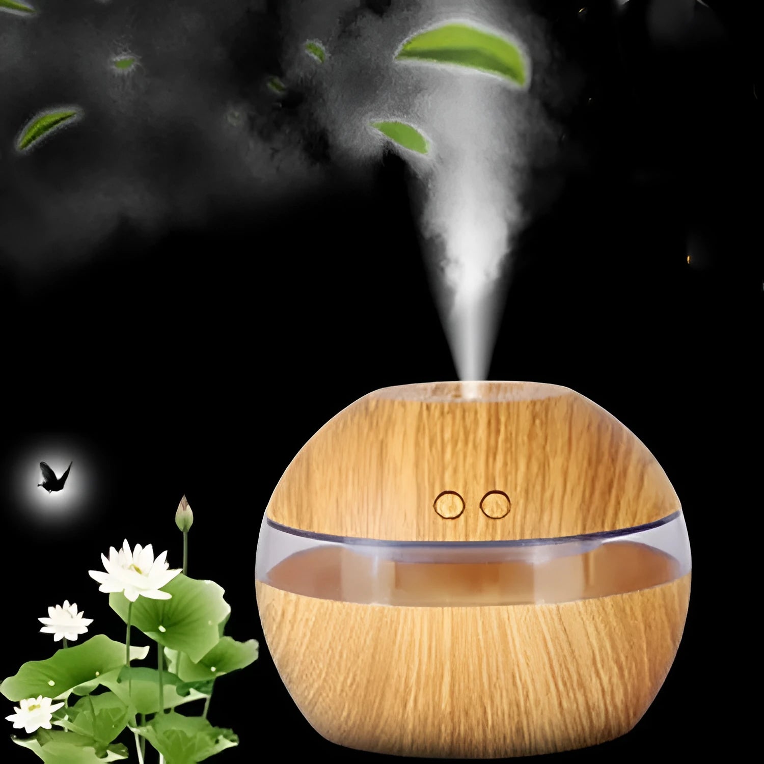 Brown wood grain USB desktop humidifier with 200ml water tank on a desk