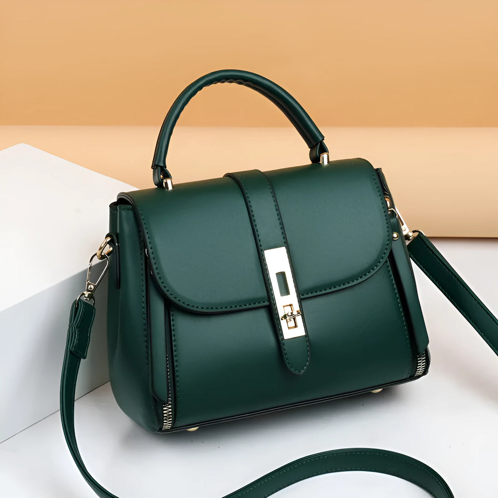 Soft PU leather women's messenger bag in a square vertical shape, shown in one of four colour options.