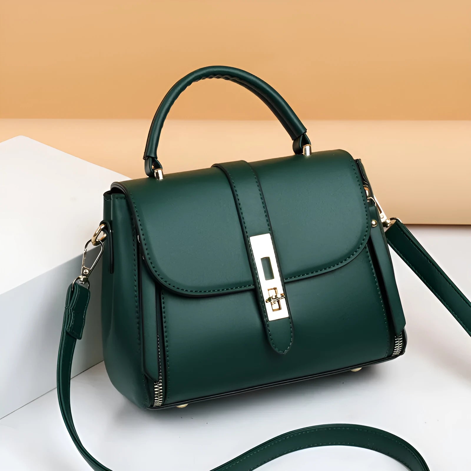 Soft PU leather women's messenger bag in a square vertical shape, shown in one of four colour options.