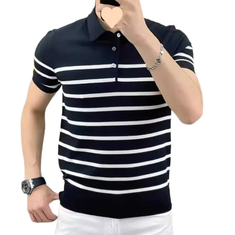 Men's black and white striped lapel collar knitted T-shirt pullover on hanger