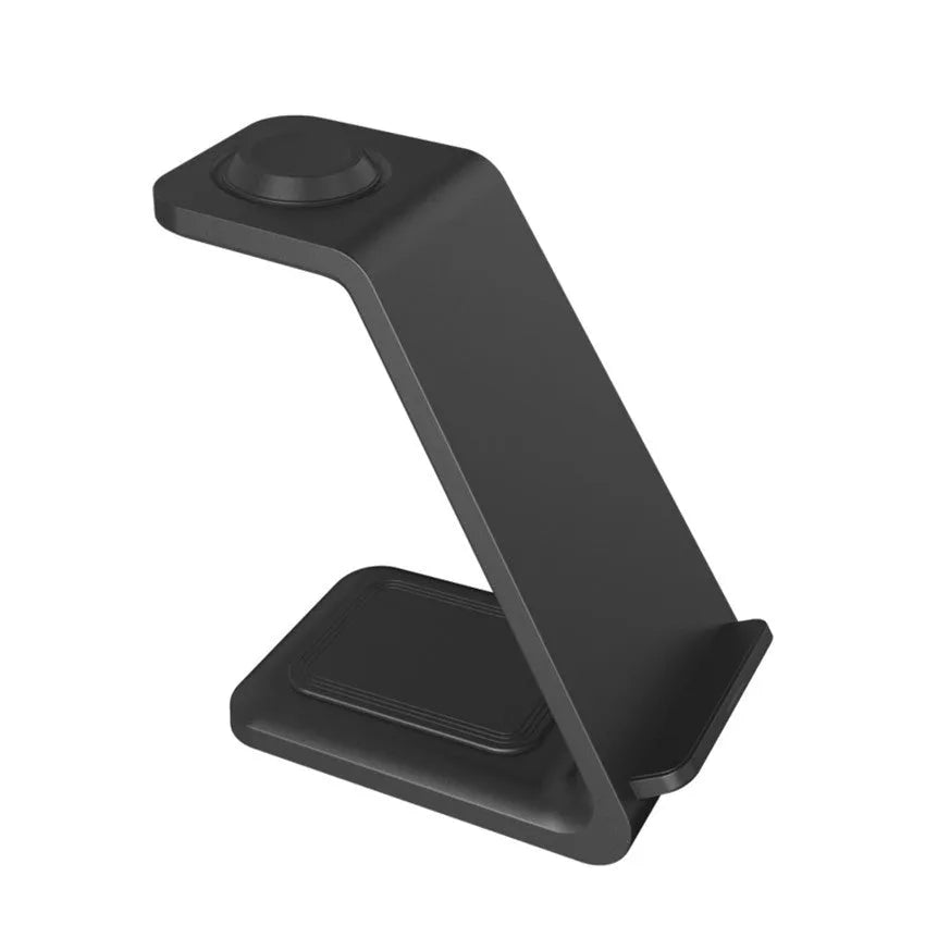 White upright 3-in-1 wireless charging stand holding a mobile phone in portrait orientation.