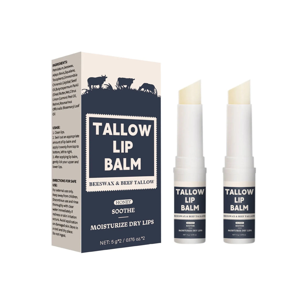Two standard size lip balms with beef fat formula and light grain texture.