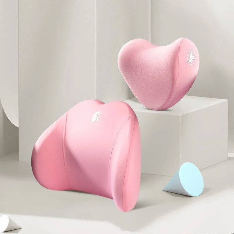 Memory foam car pillow set with headrest and lumbar support cushions in cotton covers with heart patterns