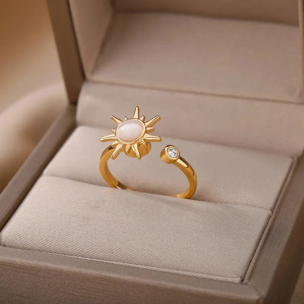 Adjustable copper decompression ring with geometric rotatable design in gold finish