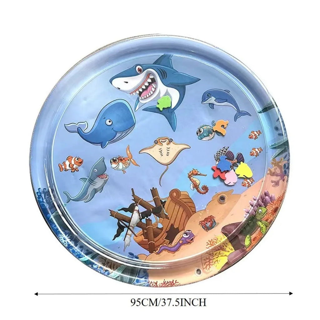 Thickened blue PVC water playmat for cats with ocean fish design and floating toys inside.