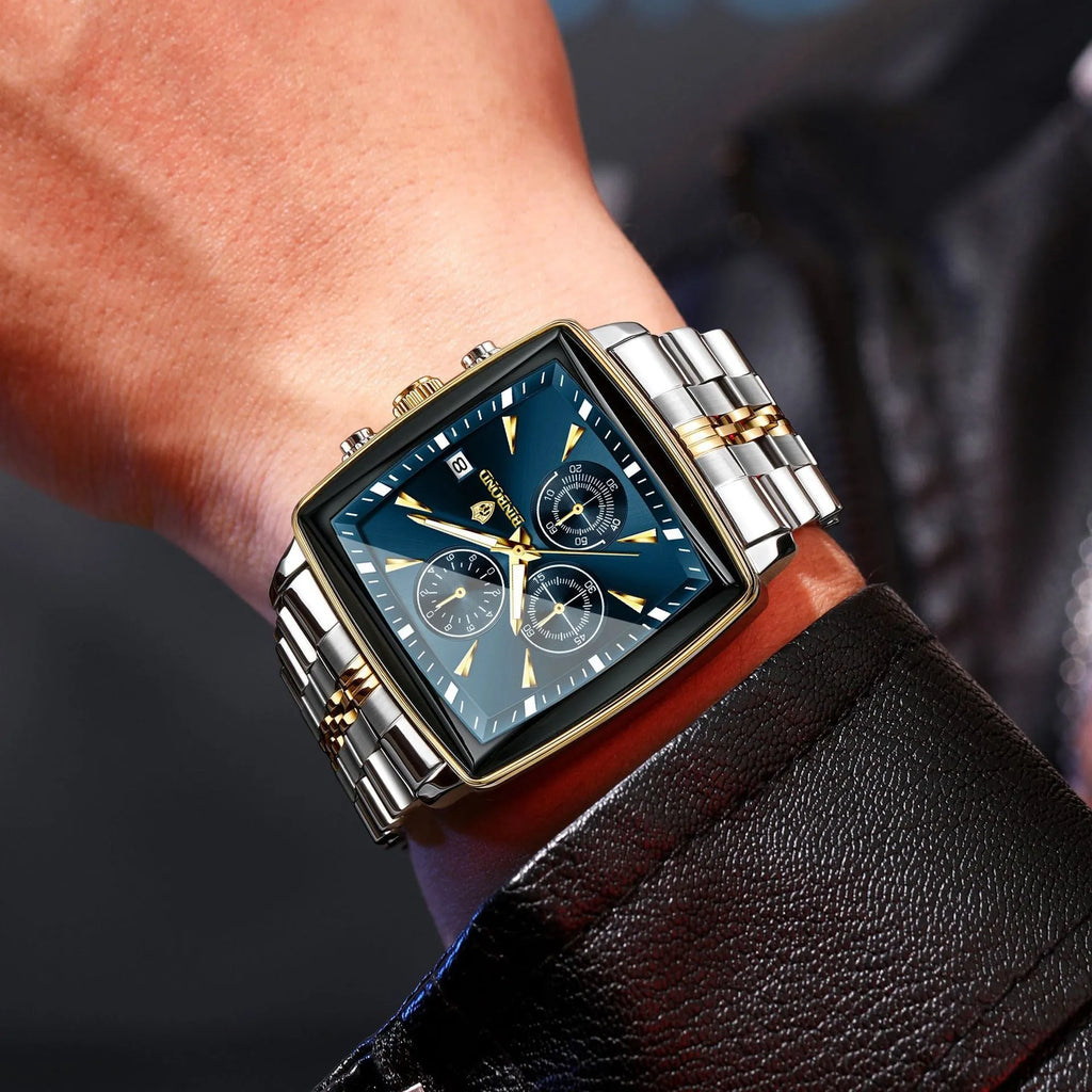 Men's rectangular dial quartz watch with stainless steel case and luminous waterproof features