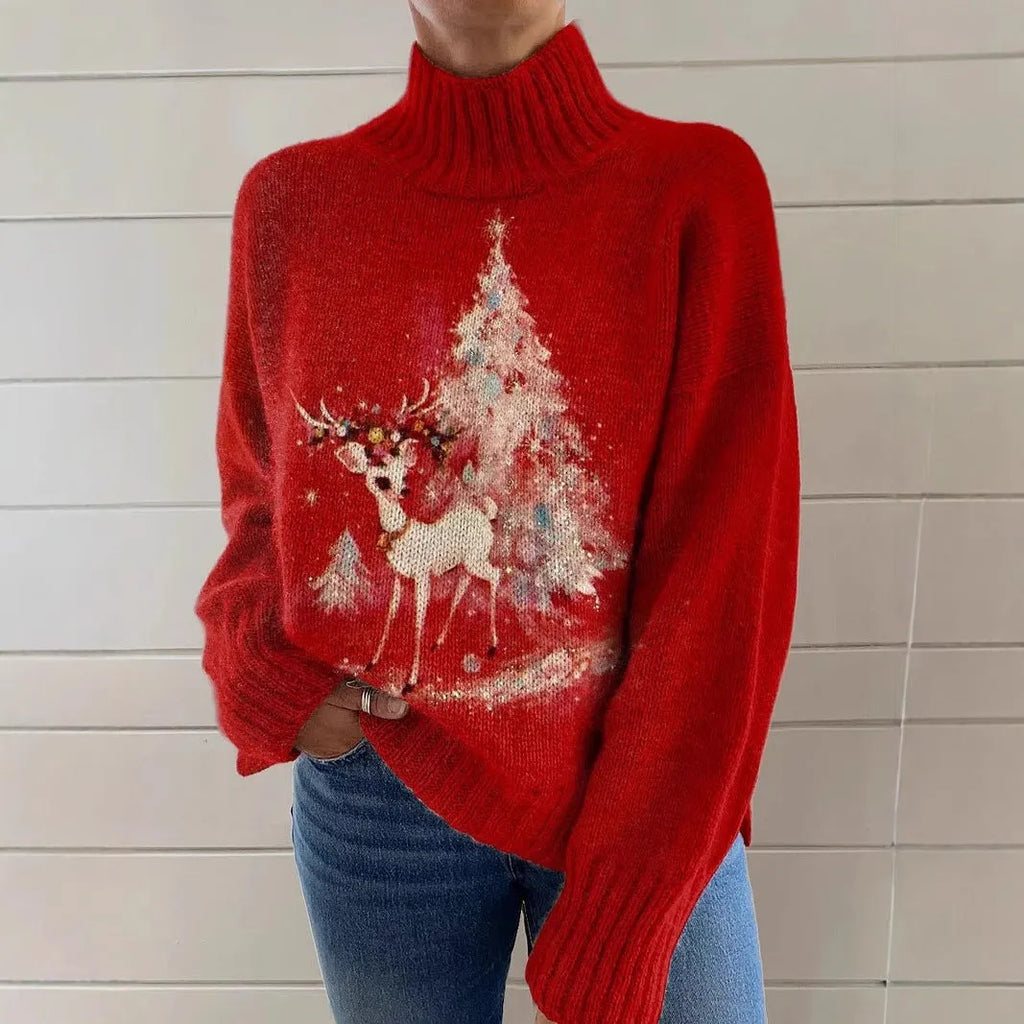 Women's Christmas printed turtleneck sweater in loose-fit casual style with long sleeves