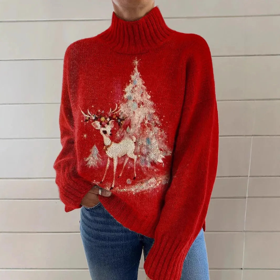 Women's Christmas printed turtleneck sweater in loose-fit casual style with long sleeves