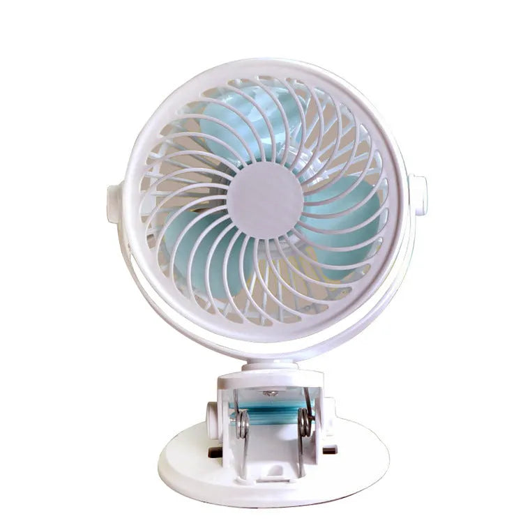 Compact USB desk fan shown in both clip-on and mini floor standing styles on a wooden desk.