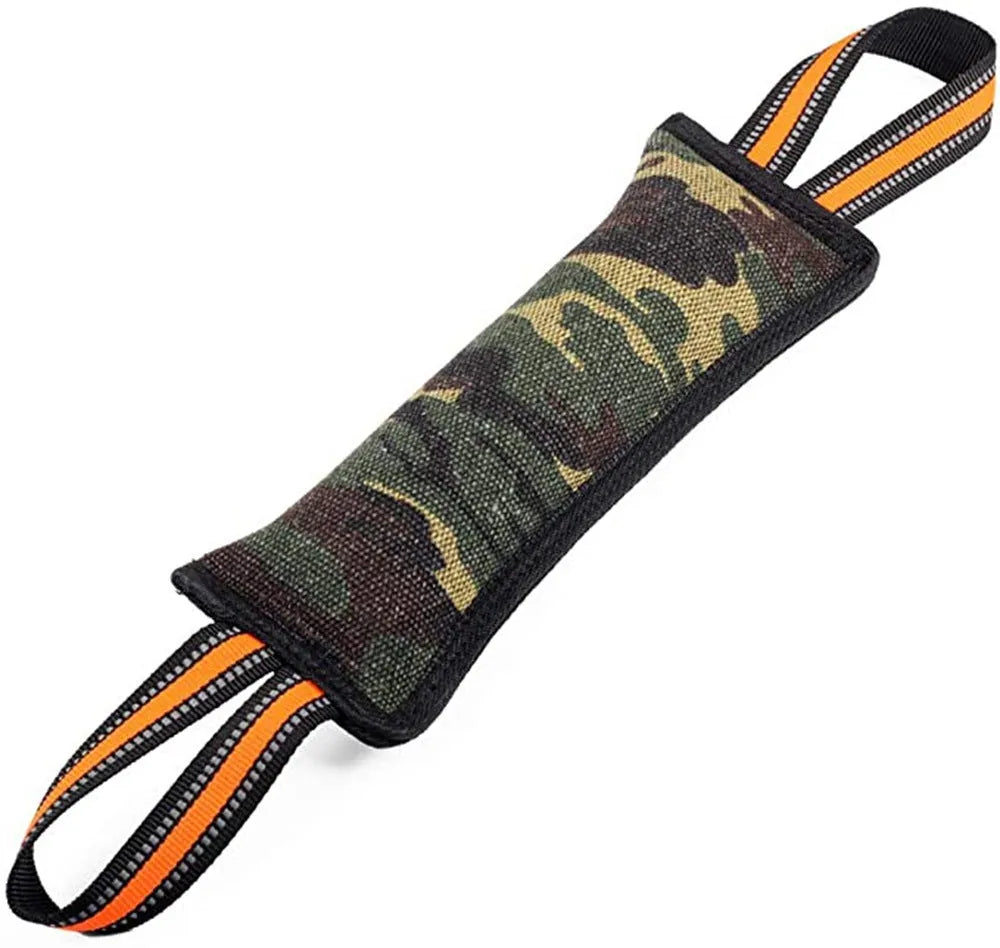 Natural jute dog training bite stick with yellow edge trim, approximately 55cm length