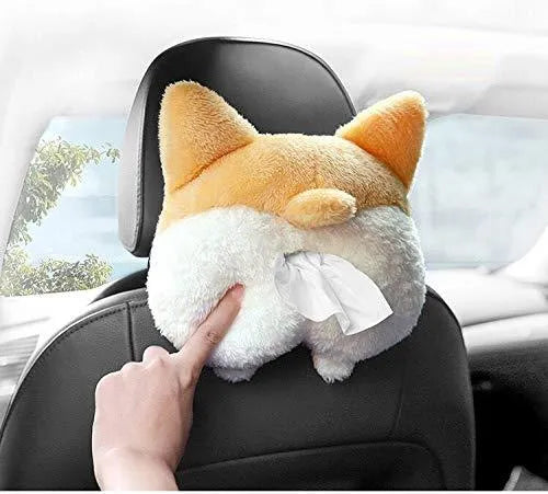 Yellow corgi butt shaped tissue box cover with elastic strap for car visor mounting