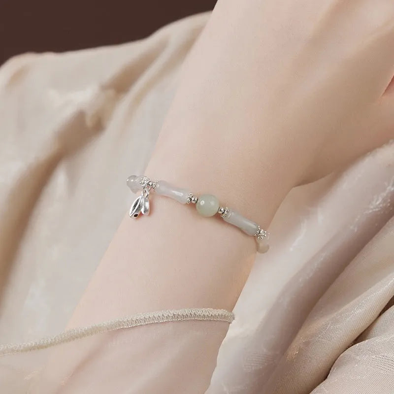 Women's antique silver bracelet with Tianshan green bamboo and bamboo joint design elements