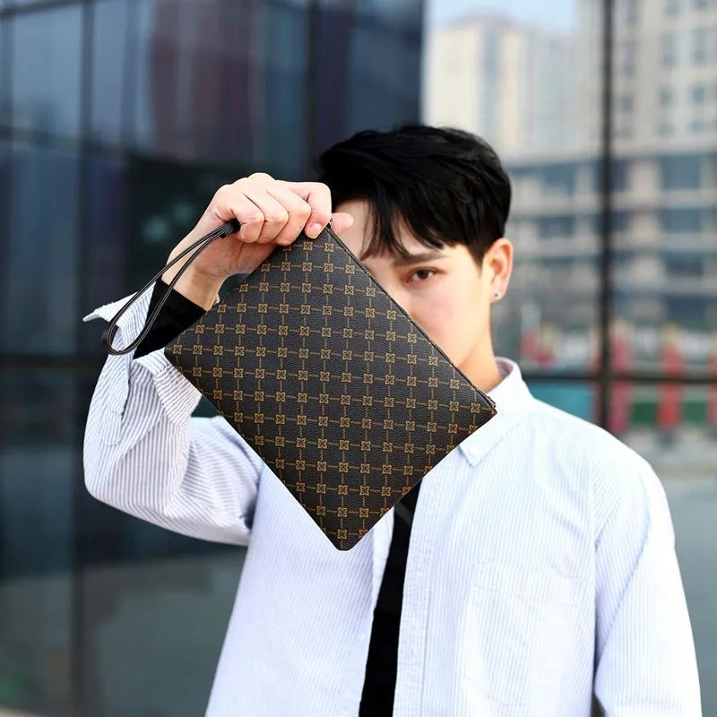 Men's PU leather gingham check clutch bag with soft carry handle and sandwich pocket