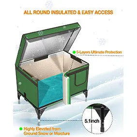 Green foldable cloth cat cage with heating insulation showing S M L size options for outdoor pet containment