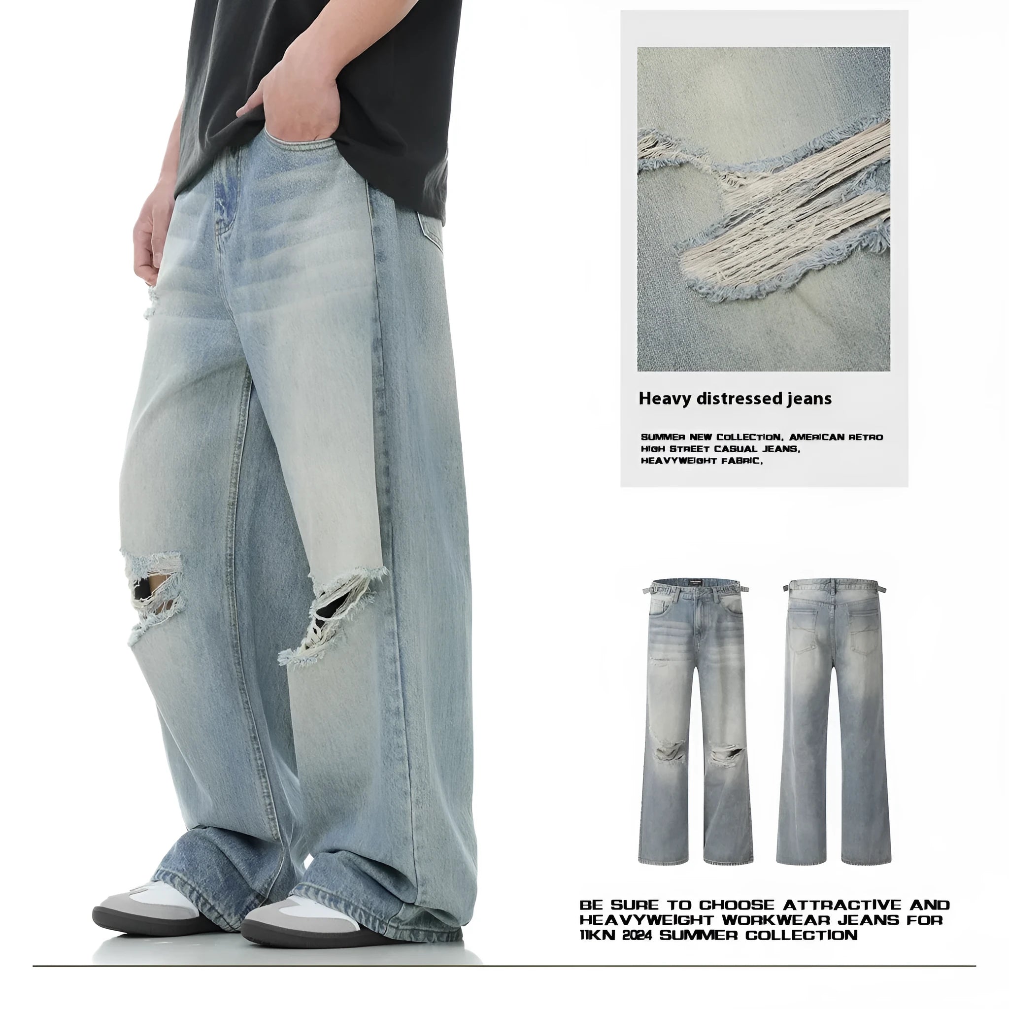 Man wearing blue retro-style distressed straight-leg cotton blend jeans.