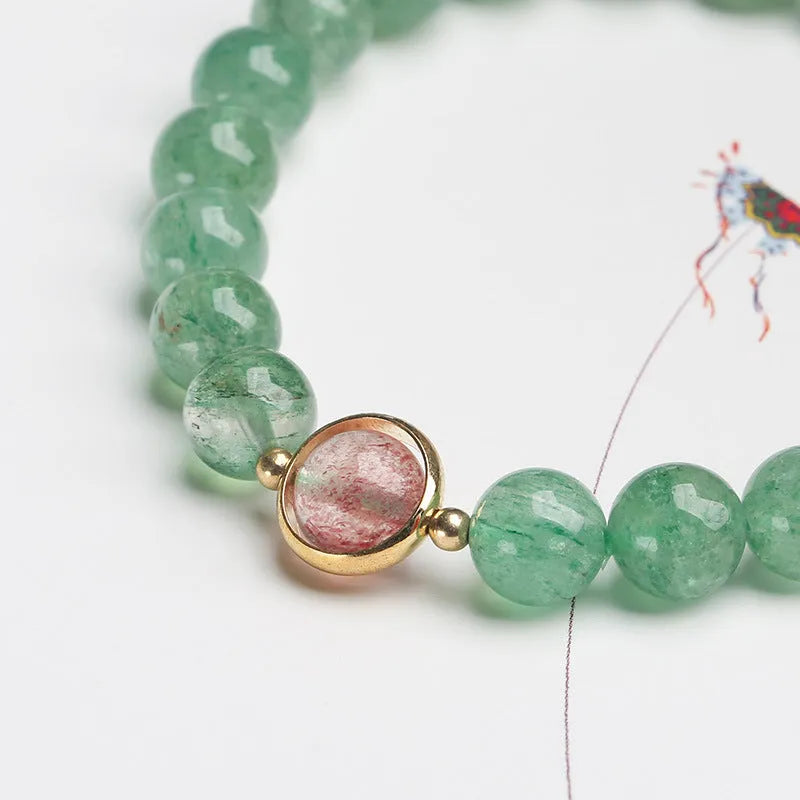 Natural green strawberry quartz 7.5mm bead hand-woven women's bracelet geometric Chinese-style design.