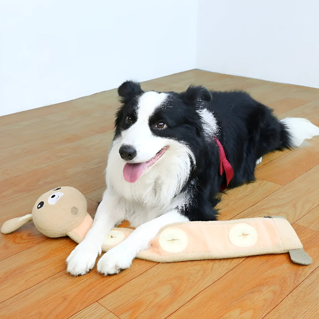 Plush fleece rabbit dog training toy with food hiding compartments measuring 650mm