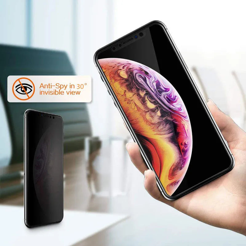 Black anti-peeping tempered glass screen protector for iPhone on a white background.