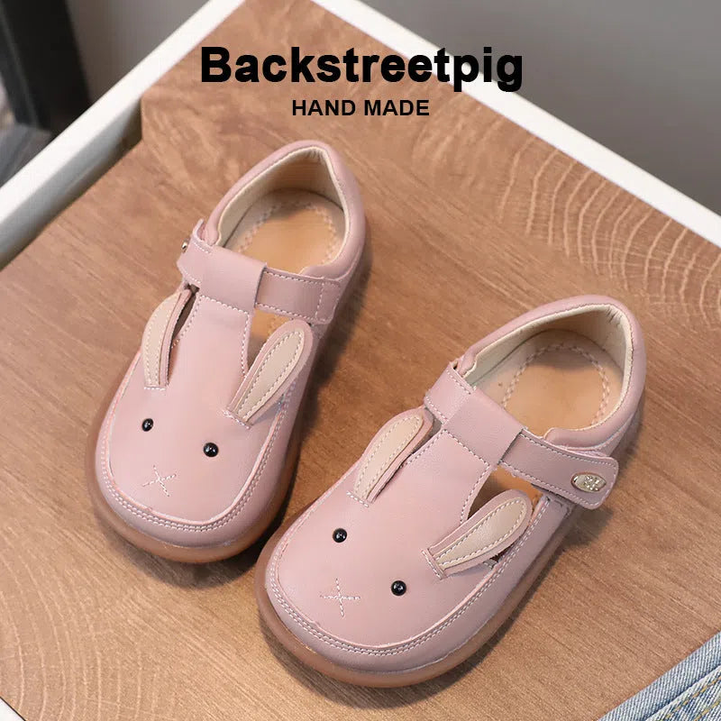 Children's small leather shoes non-slip soft bottom girl princess cartoon, pink or ivory white, low-top, Velcro fastening