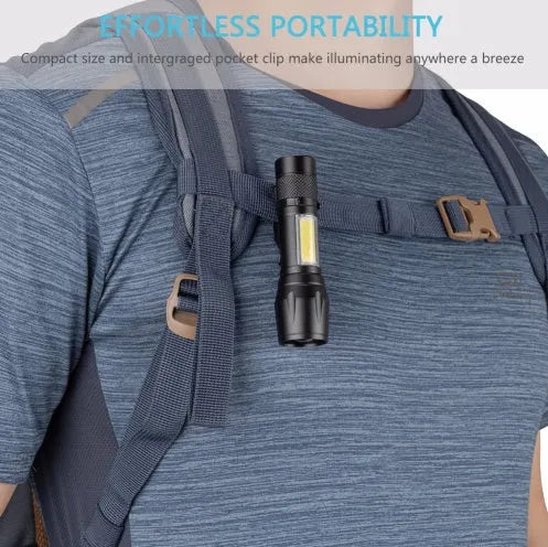 Black aluminium alloy mini telescopic LED flashlight with adjustable zoom focus and clip for daily carry
