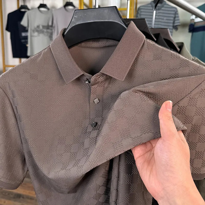 Rhombus brand thin ice silk short sleeve t-shirt with a slit design detail, shown in black.