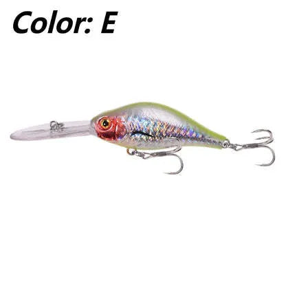10.5cm long tongue board Mino fishing lure in colour option A, shown alongside other colour variants B through E.