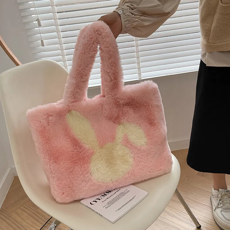 Plush shoulder bag with cartoon rabbit ears in solid colour with large capacity