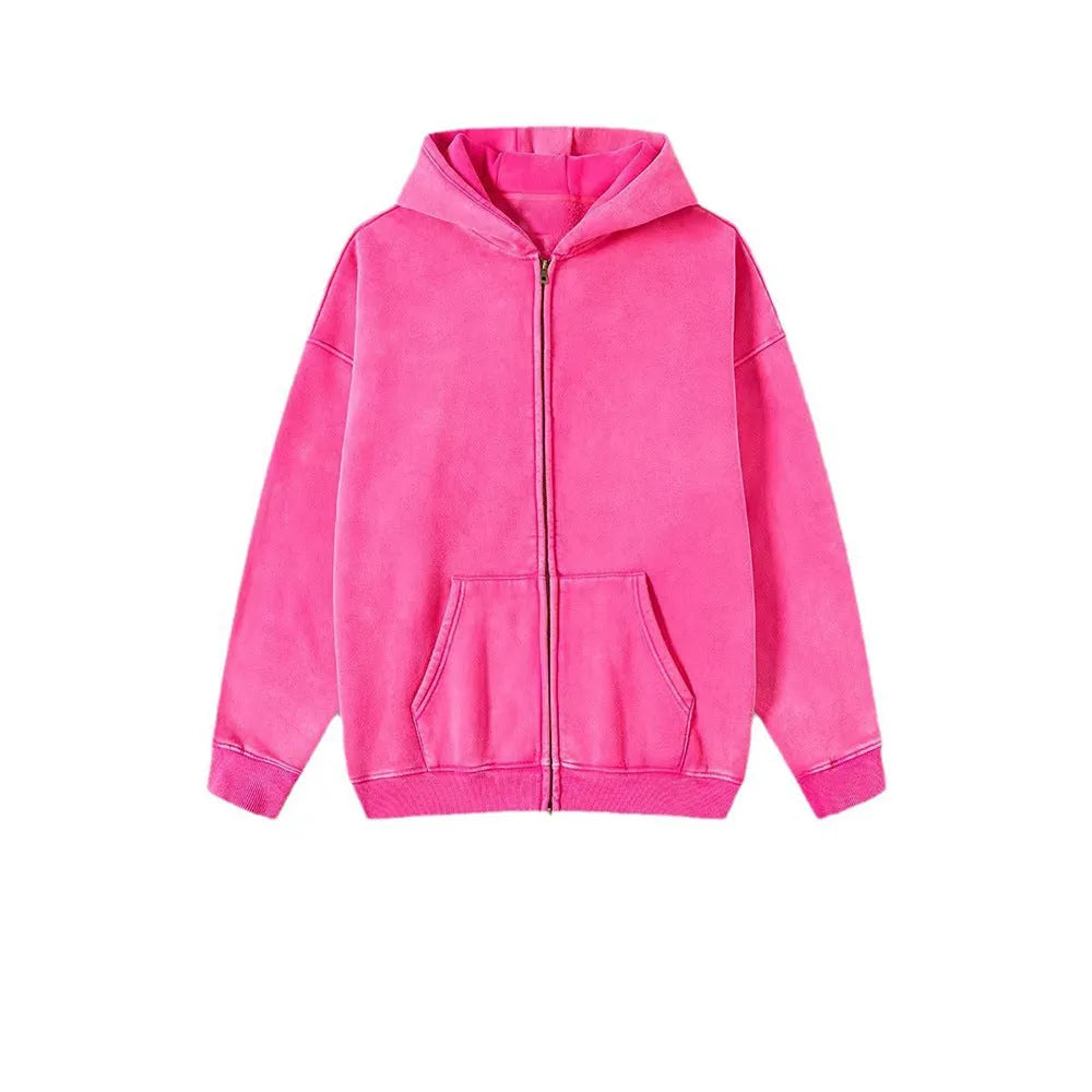 Men's vintage washed cotton hooded cardigan with fleece lining and a double front zipper.