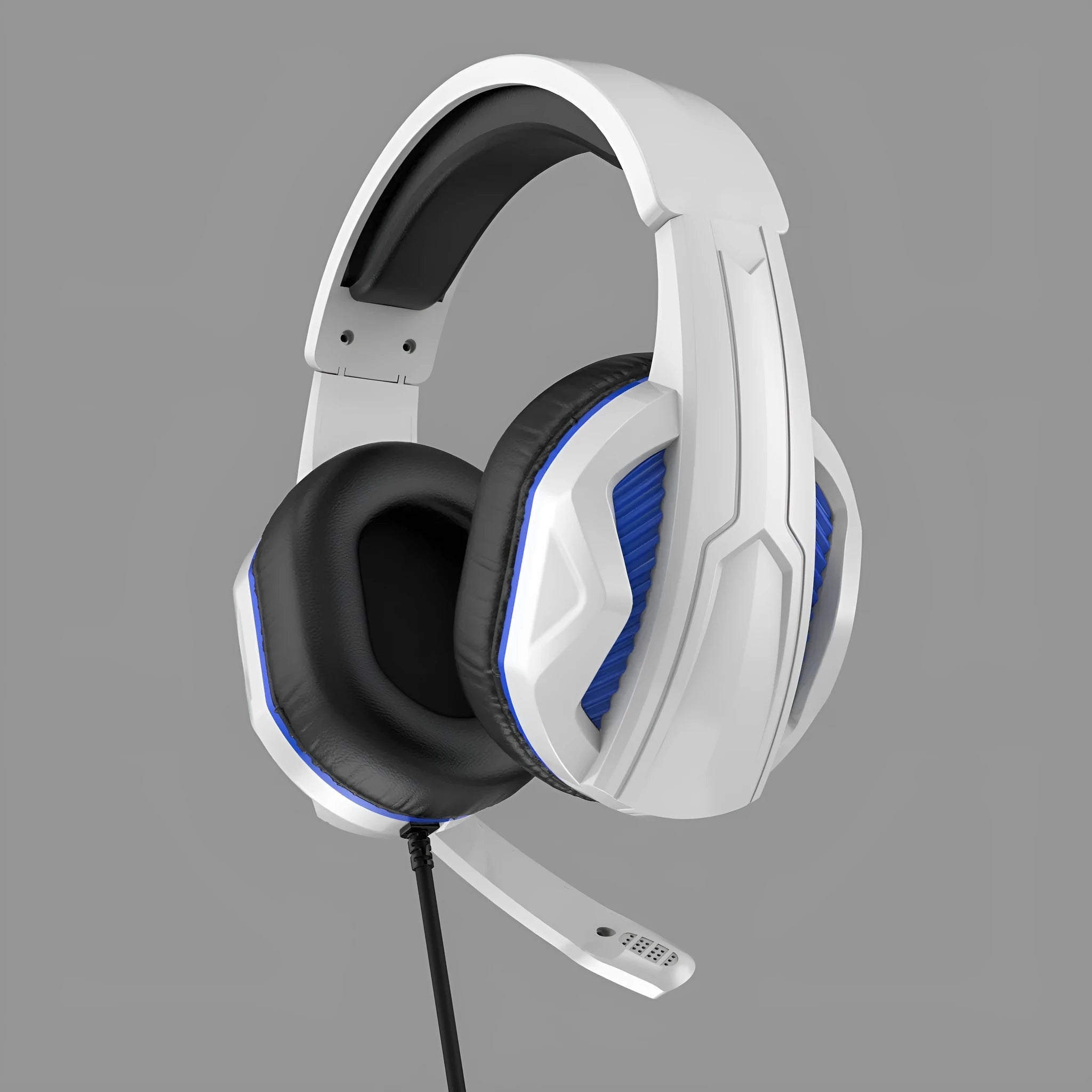 White and blue wired gaming headset with microphone, 40mm driver, 3.5mm plug, and PVC cable