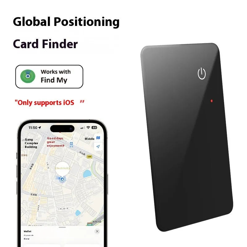 Black plastic pet tracker with wireless charging and NFC, card dimensions 85x54mm