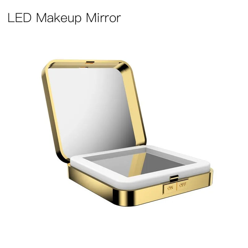Black and white lighted makeup mirror with 4x magnification panel, HD mirror, and adjustable LED lights.