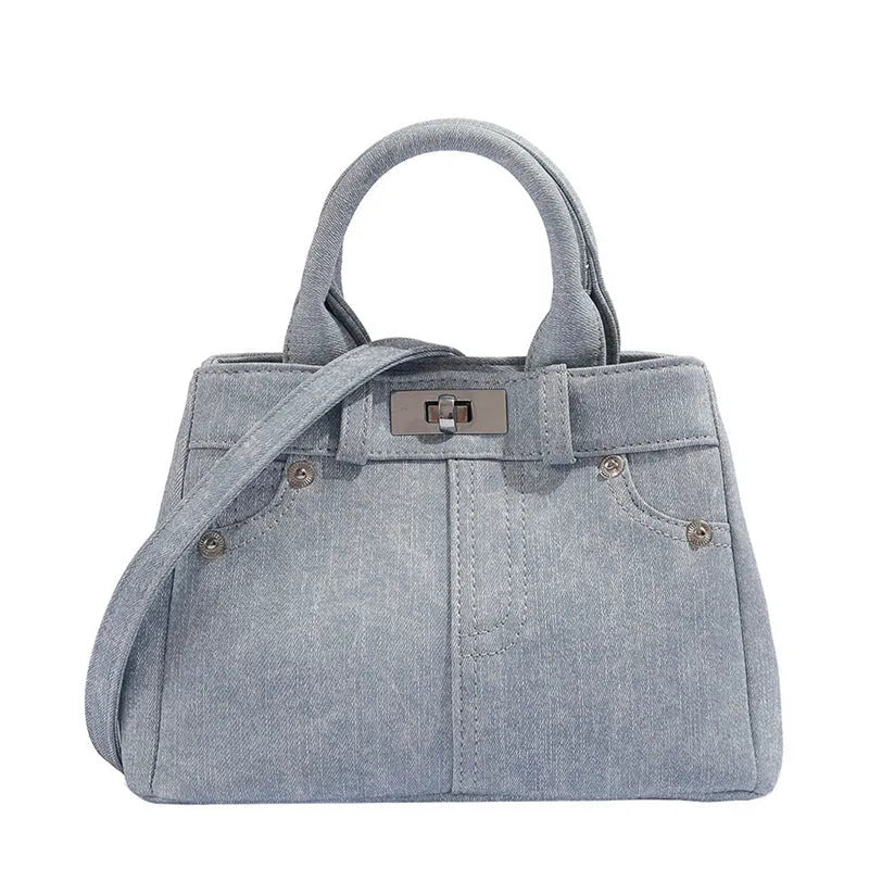 Women's casual PU shoulder handbag in denim blue or white colour, standard size with soft material