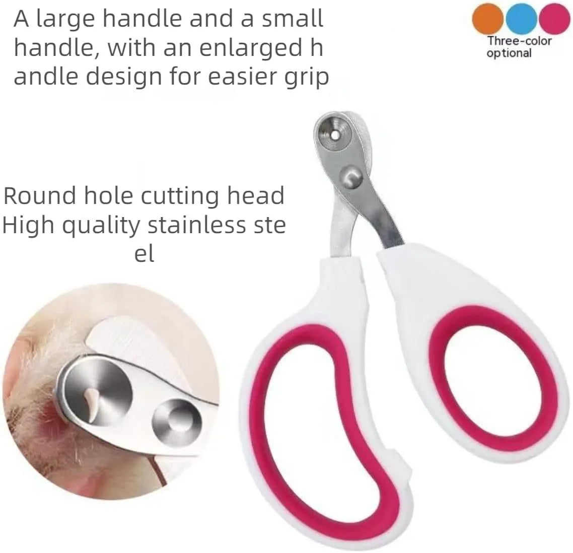 Blue pet nail clippers with a circular cutting hole and cushioned non-slip handles.