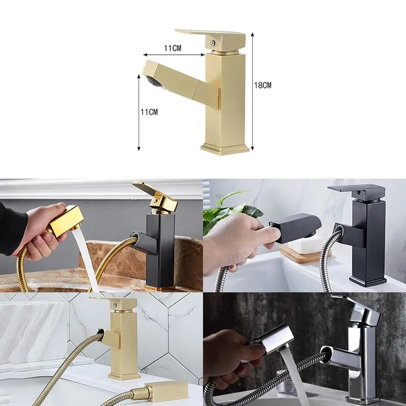 Square pull faucet with brass construction and brushed gold finish for hot and cold water control