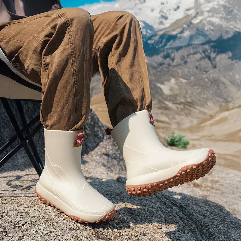 Men's mid-cut waterproof rain boots in four colours with non-slip plastic soles